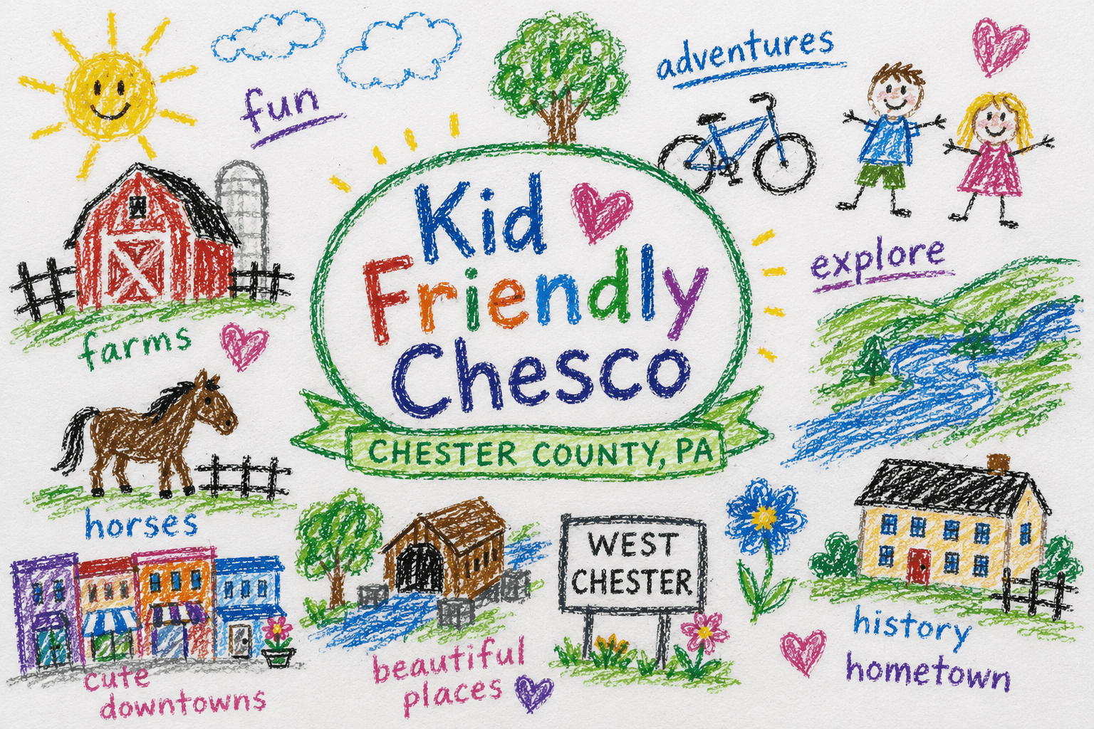 Kid Friendly Chesco — a hand-drawn map of Chester County family adventures