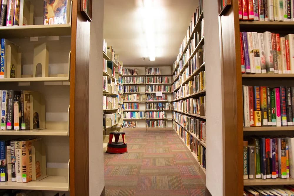 Book-lined aisle at West Chester Public Library