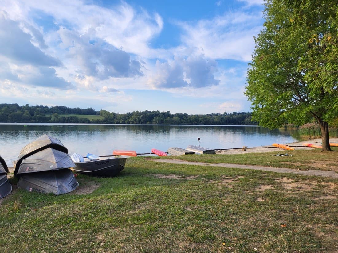 Boats beside Marsh Creek Lake